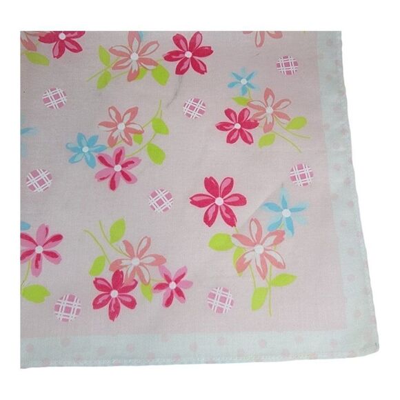 Vintage Pink Do Rag Yellow Daisy Floral Scallop Edge Handkerchief Hanky Scarf - Picture 1 of 3